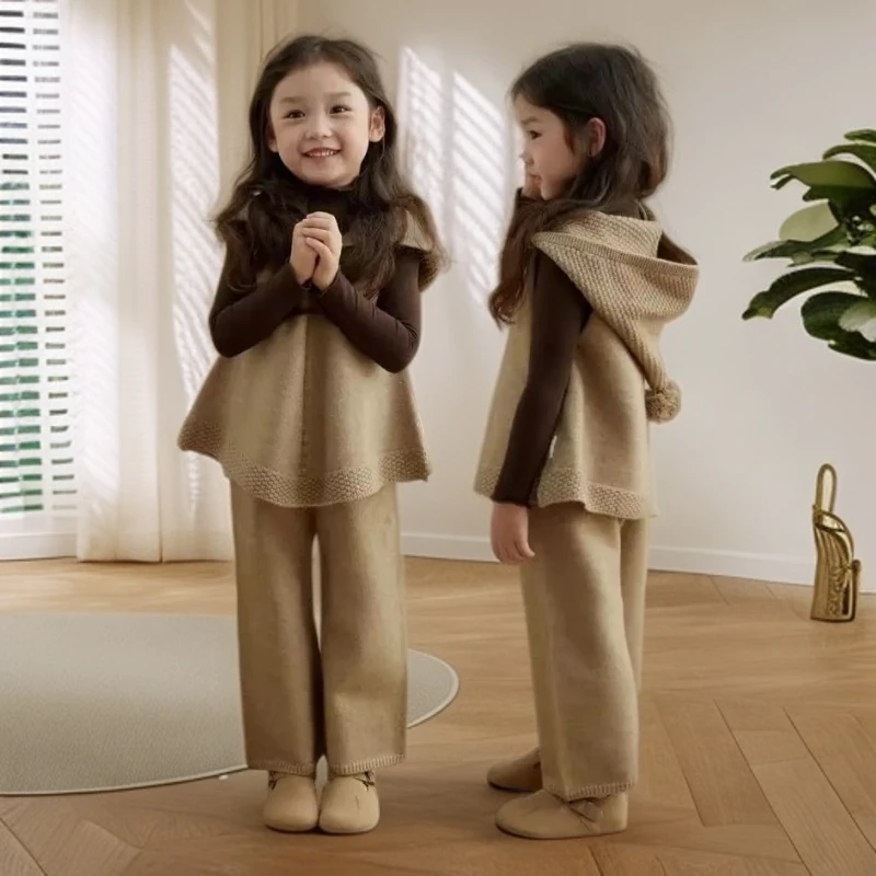 D儿童春秋新款纯色连帽毛衣女童阔腿裤针织套装两件套打底衫套装