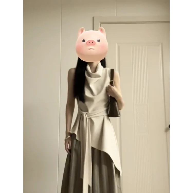 法式轻奢荡领无袖背心绑带上衣休闲裤女2025新款巨好看的夏天套装