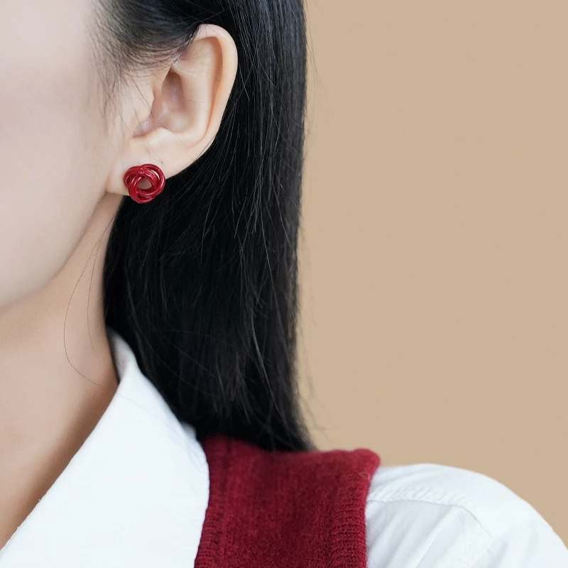 铜合金耳饰 s925银针耳饰安可拉红色缠绕同心结耳环复古百搭耳环