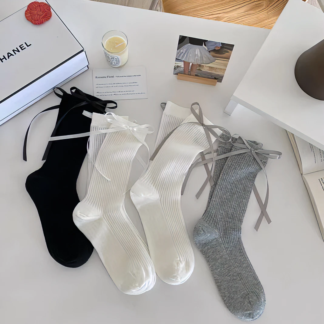 夏季薄款芭蕾风绑带蝴蝶结透气袜子女中筒袜纯欲学院风jk袜子