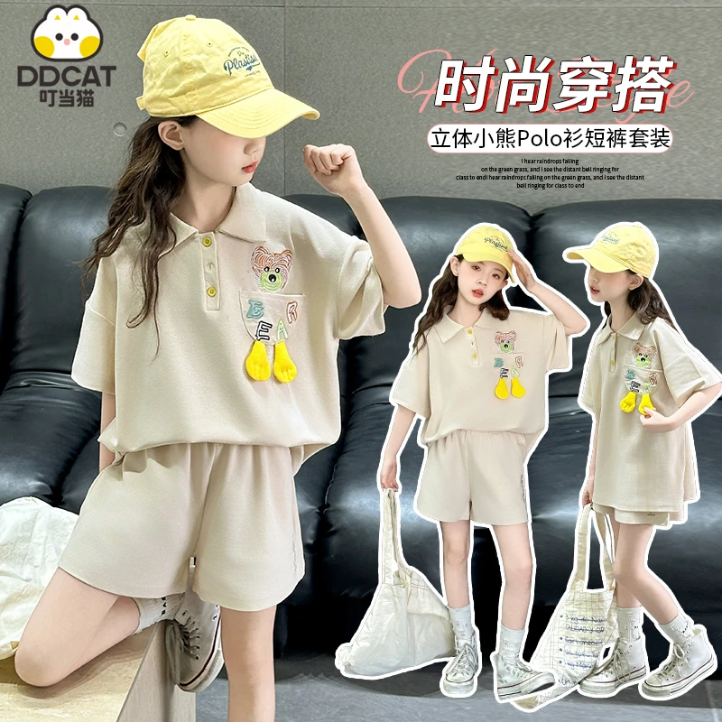 叮当猫女童套装夏装2025新款洋气中大童女孩卡通韩版polo衫两件套
