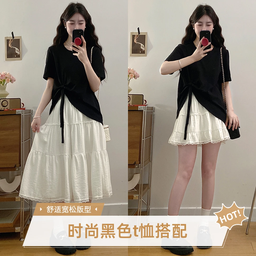 大码女装夏季胖mm宽松T恤洋气减龄套装显瘦收腰半身裙裙子两件套