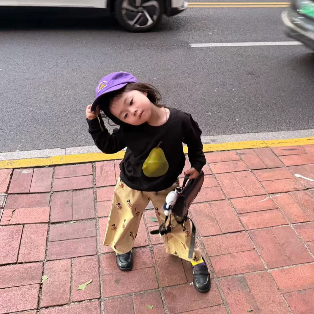 壹妈韩系童装女童休闲套装秋季新款洋气儿童黑色印花卫衣米奇长裤