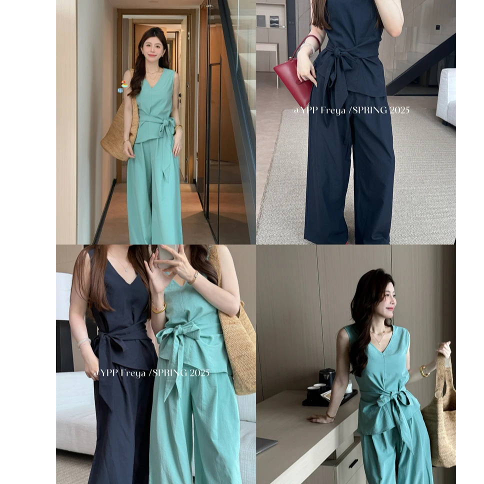 YPP！【米兰假日】气质高级感v领绑带无袖上衣高腰显瘦阔腿裤套装