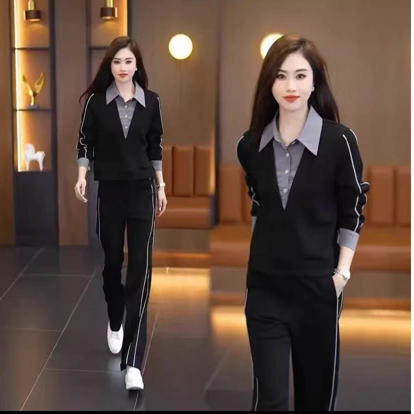 春秋新款运动假两件拼接卫衣休闲裤减龄两件套7916#
