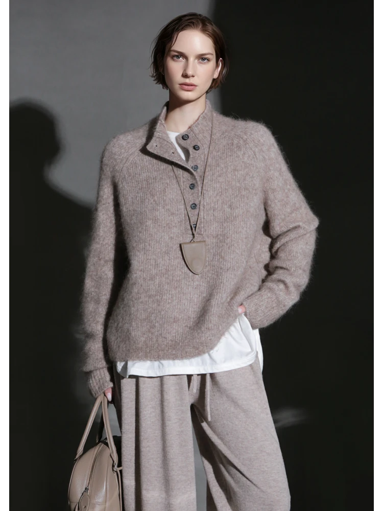 Meili-老钱风立领半开设计羊驼毛软糯针织衫女保暖羊毛衣PI25X200