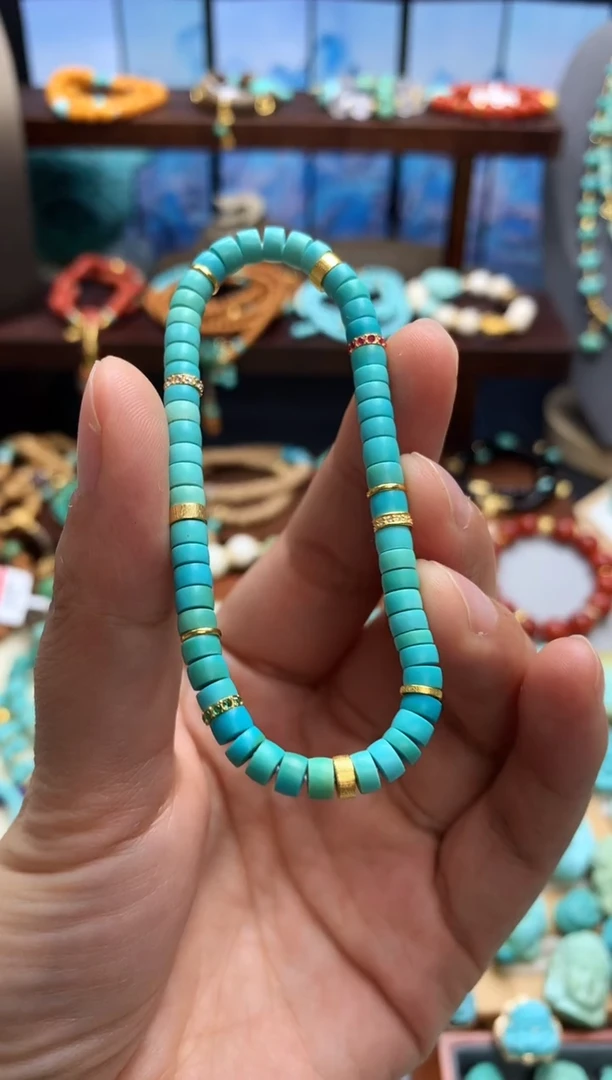 18K金镶嵌绿松石手链高瓷绿松石直切手串