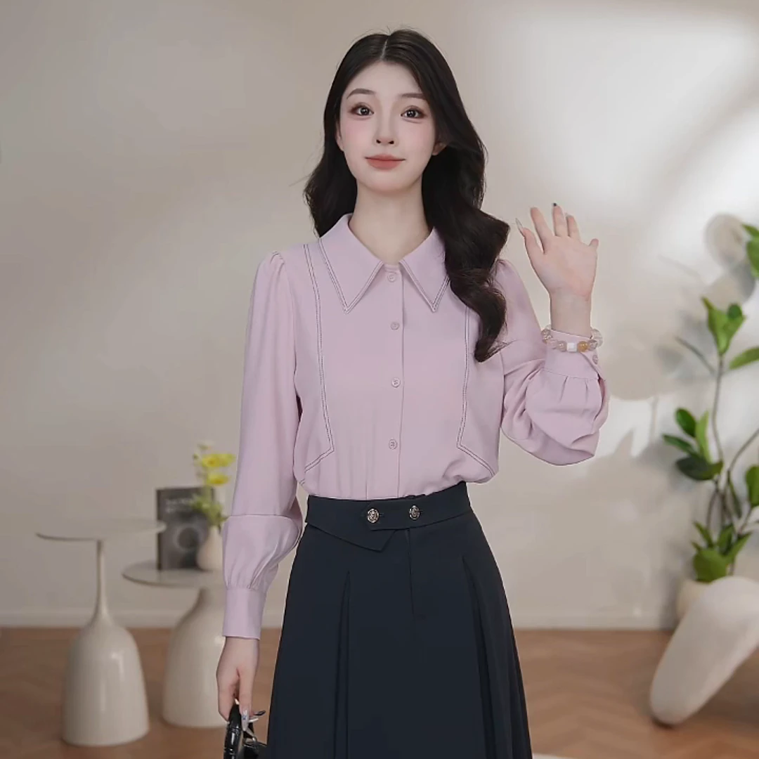【曼贝】门店秋季小衫女职业纯色粉紫色气质轻奢8593280【珮珮】