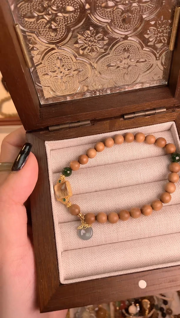 【闪购商品】檀香木手串银S925镶嵌老山檀水晶五条纹蛋面单圈