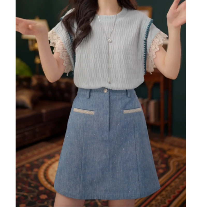 【半湾海】休闲百搭短袖衬衫女夏季上衣+百搭显瘦裤裙LK2503642