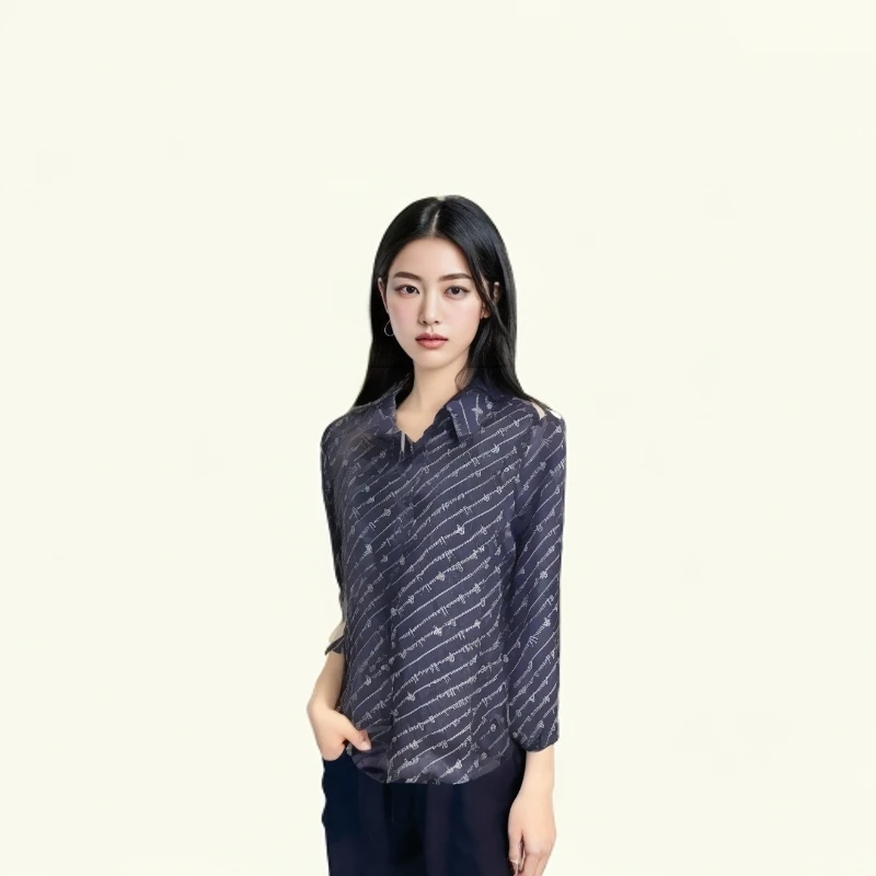 【Z1241】时尚气质2024缎面衬衫女字母印花长袖气质垂感上衣