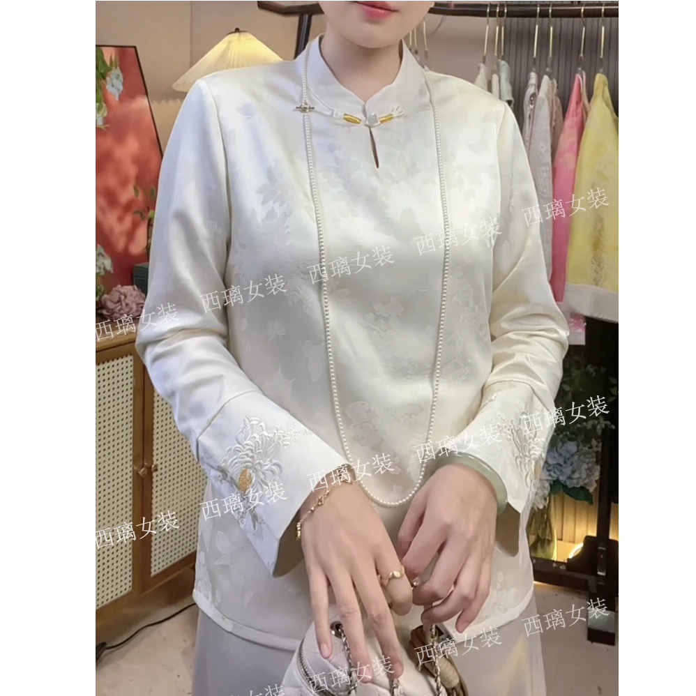 【若阳】暗纹提花春季新中式国风打底衫衬衫女士衬衣刺绣复古气质