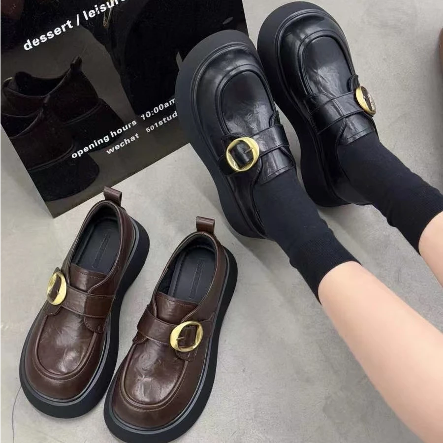 英伦风小皮鞋女2025春季新款厚底增高魔术贴乐福鞋女软底单鞋