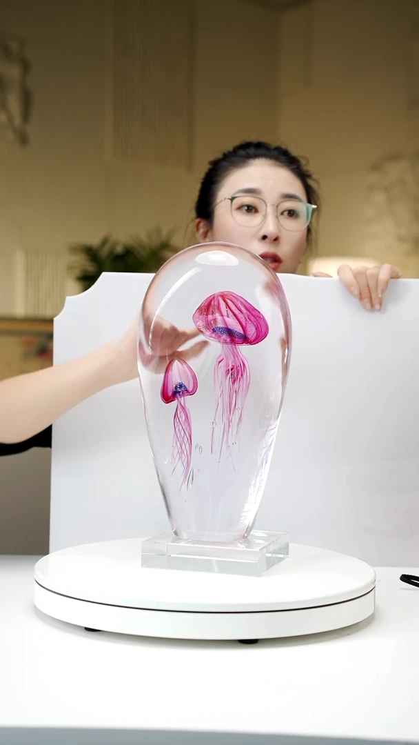 琉璃金红蓝双头水母摆件带14*14底座