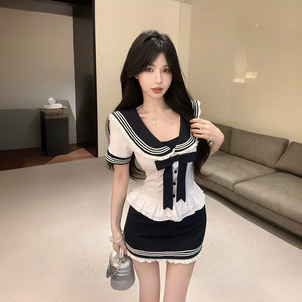 设计感学院风jk制服套装夏季海军领收腰衬衫辣妹高腰包臀裙两件套