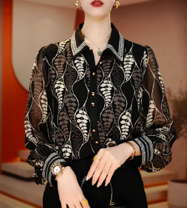 诺诗 新款印花长袖气质复古宽松型衬衫洋气上衣不起球V25D0211