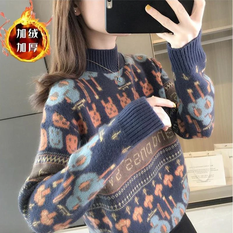 2025新款女士半高领毛衣女秋冬加绒加厚卡通时尚洋气针织打底衫潮