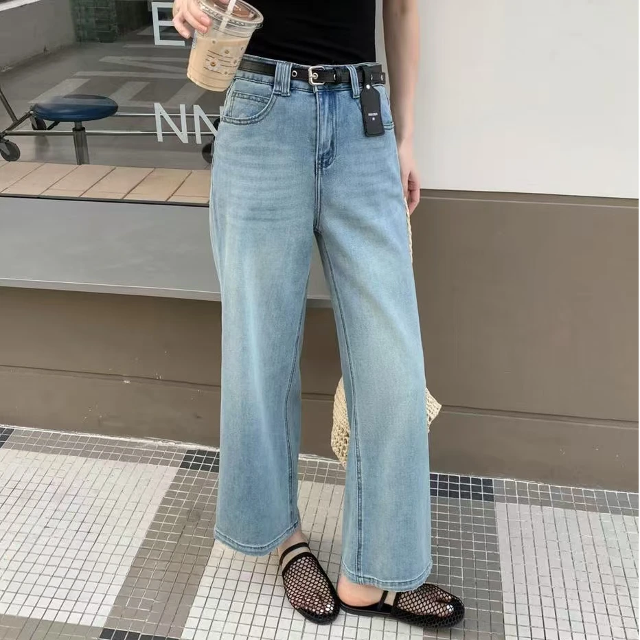 春夏新款时尚高腰直筒阔腿牛仔长裤女6961# 裤长95