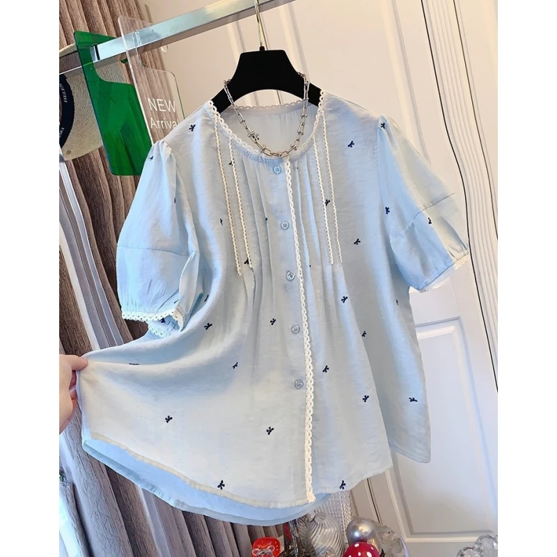 独特超好看时尚法式泡泡袖刺绣蝴蝶结蕾丝短袖衬衫娃娃衫宽松上衣