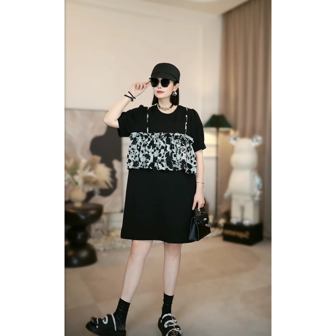 C&G 欧货新款韩系设计感休闲减龄显瘦拼接假两件连衣裙女夏 T恤裙