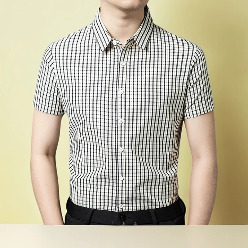 专柜同款夏季短袖男士免熨格子衬衫中年休闲格子衬衫男士休闲衬衫