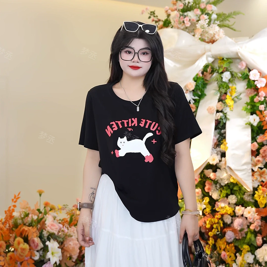 梦丞-大码女装夏季字母卡通印花圆领短袖女款爆款2025新款上衣女