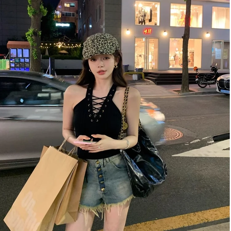 辣妹绑带背心女装夏季2025新款外穿修身显瘦打底短款上衣设计感潮