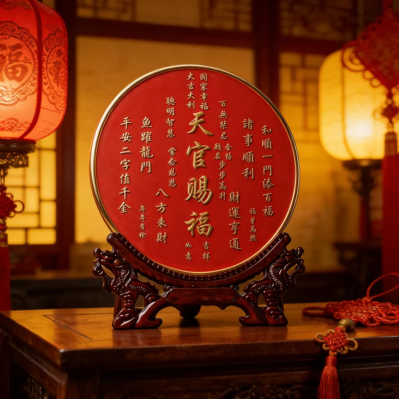 天官赐福圆形摆台装饰画乔迁送礼居家饰品中式摆件玄关电视柜酒柜