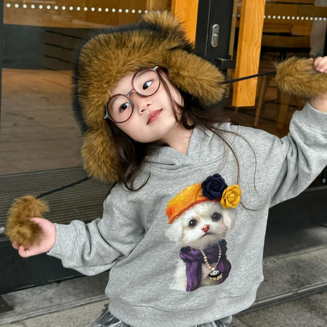 壹妈韩版童装女童秋季套装洋气小女孩时尚小狗连帽卫衣灰色蛋糕裙