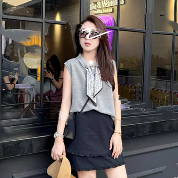 宽松型极简风丝巾背心吊带宽松洋气时尚显瘦减龄百搭 H0273