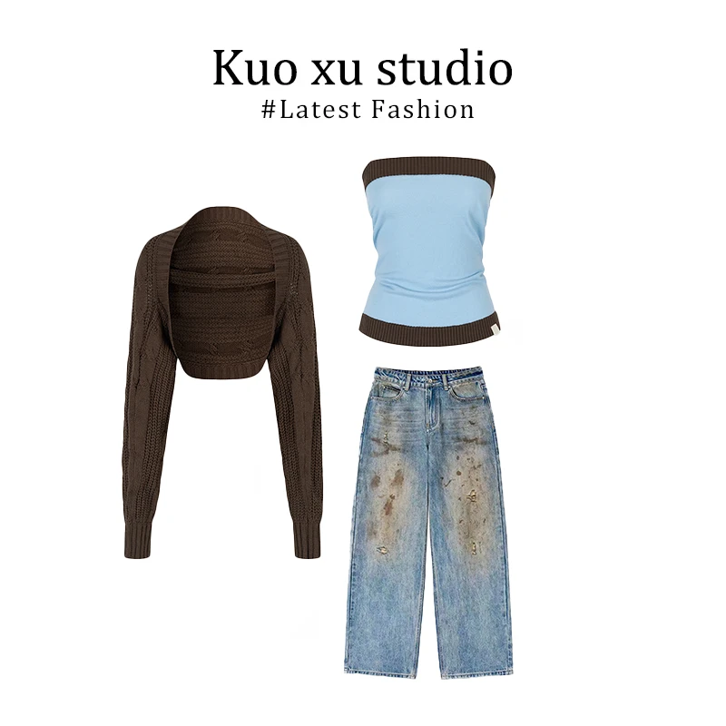 麻花针织开衫外套内搭抹胸背心上衣两件套水洗脏染泼墨牛仔裤长裤