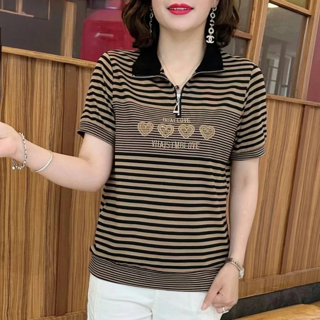 妈妈装2025春夏新款立领宽松洋气上衣条纹显瘦遮肉小衫