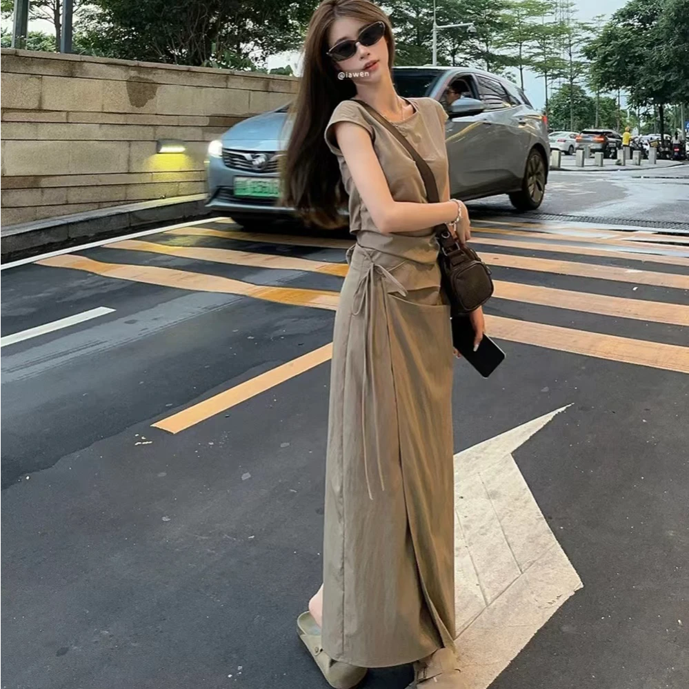 L931时尚套装女蝴蝶结绑带衬衫夏季高腰开叉包臀半身裙气质两件套