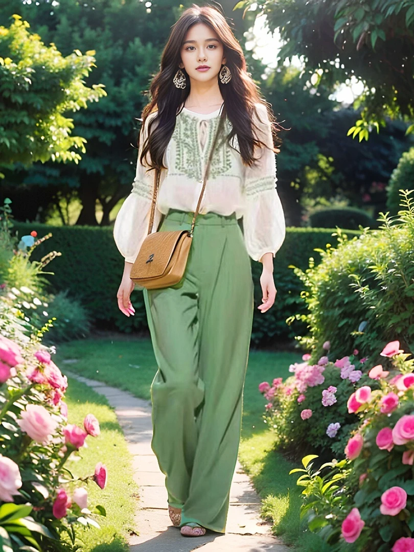 2024新款秋季穿搭一整套时尚白色印花衬衫裤子减龄漂亮洋气套装女