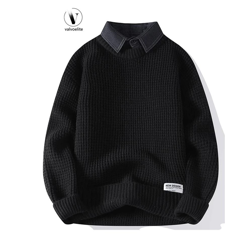 VALVOELITE衬衫领毛衣男冬季假两件针织衫男内搭打底衫保暖毛线衣