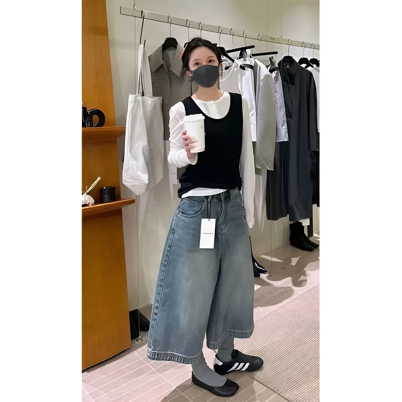 洋气衣服女2025早春休闲长袖打底衫叠穿背心上衣高腰阔腿牛仔裤