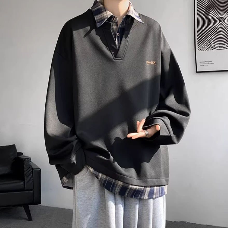 假两件衬衫领卫衣男春秋季美式潮牌撞色拼接宽松cleanfit上衣外套