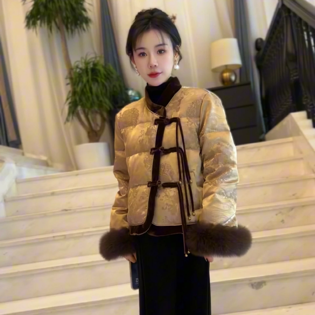 冬季新中式国风流苏盘扣袖口狐狸毛轻奢优雅女士羽绒服外套