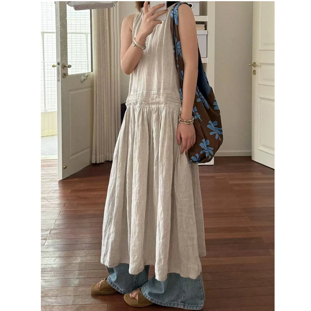 【小李】 春夏复古风琴褶麻料背心裙