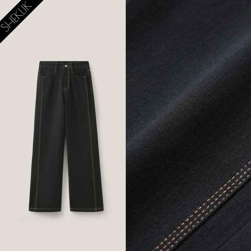 333#新款休闲裤时尚百搭黑色复古宽松拼接撞色黑金牛仔宽松直筒裤