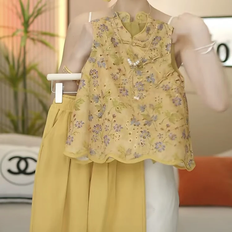 女童国风短袖套装夏装新款中大童网红新中式无袖衫阔腿裤两件套薄