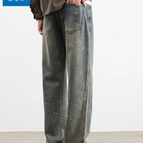 真维斯牛仔裤男冬季美式怀旧复古泼墨做旧长裤潮牌宽松直筒裤男款