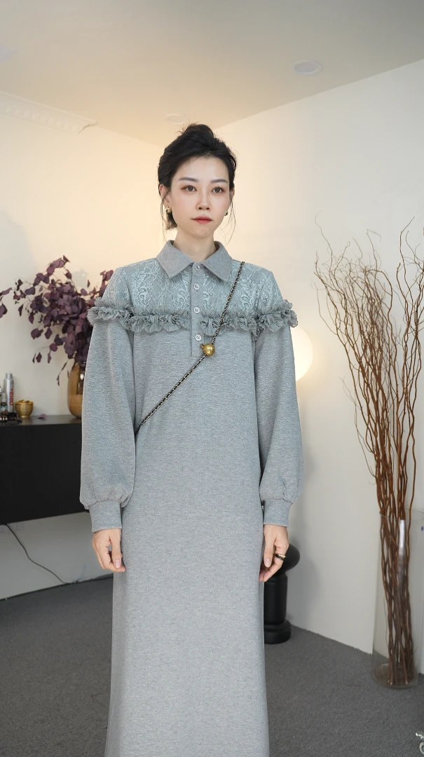 瑟伦莎【舒奇雅】秋冬气质时尚衬衫领轻奢显瘦长裙连衣裙6827