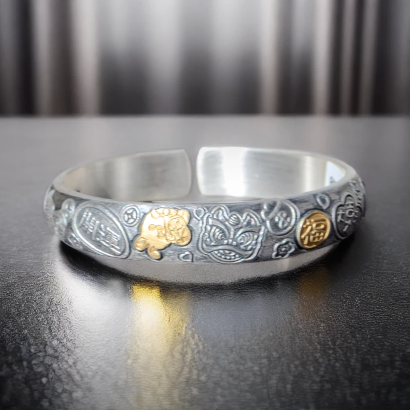 足银手镯  吉言岁月长乐非遗手工錾刻开口复古百搭时尚银镯民族风