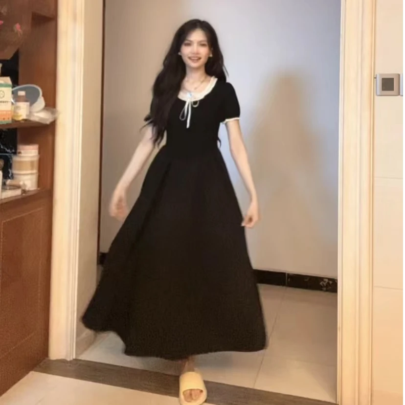 【现货秒发】法式复古黑色连衣裙女夏季减龄收腰A字裙气质长裙