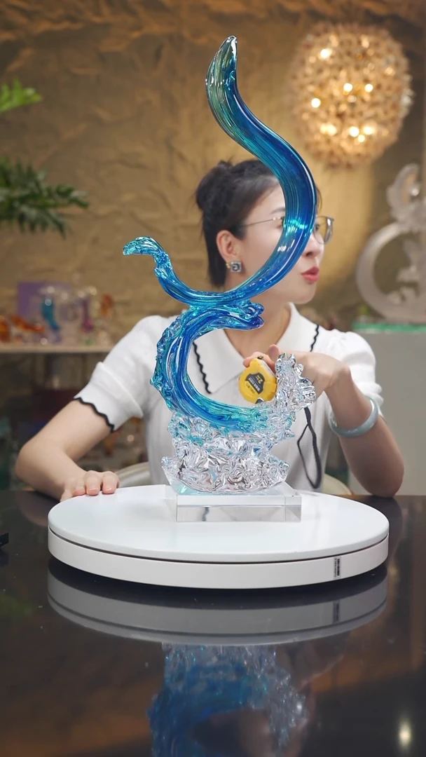 琉璃手工艺品设计款蓝色风声水起摆件带底座
