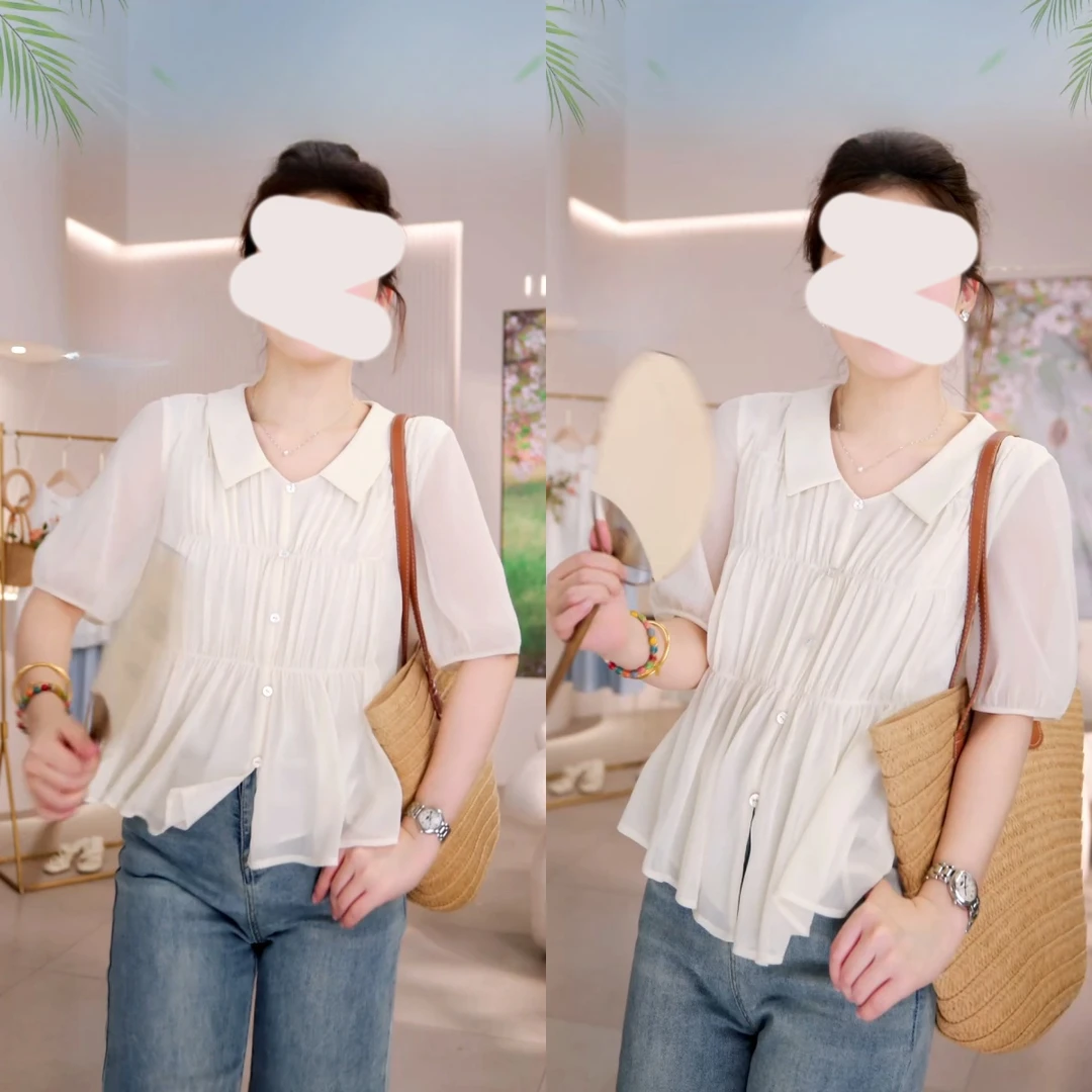 【云层】2025年夏新款气质时尚百搭翻领抽皱雪纺衬衫女装短袖上衣