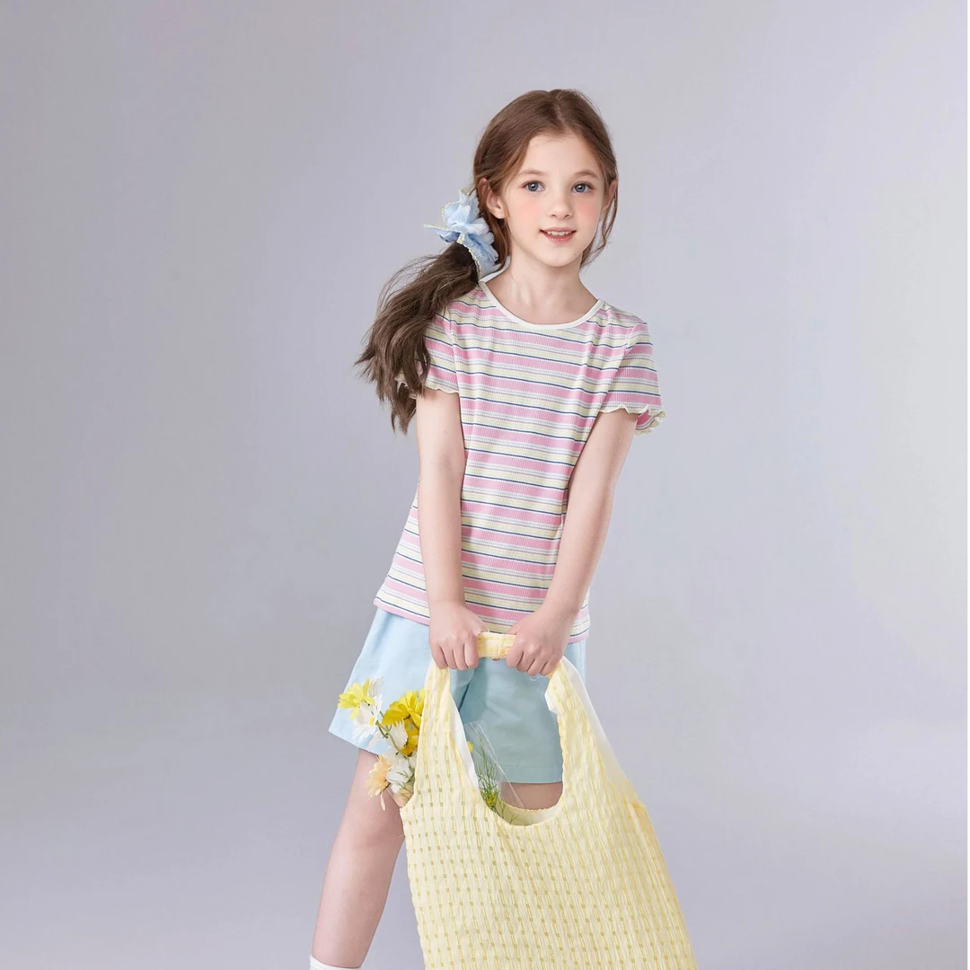 笛莎童装短袖T恤25年时尚新款中大童时尚条纹圆领上衣女童夏季