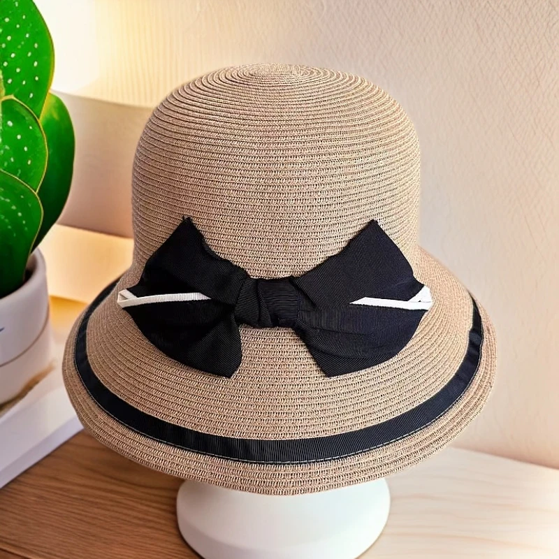 55号串色边蝴蝶结拼色女士大气夏天透气百搭休闲盆帽遮阳帽