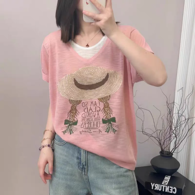 草帽马尾2025新款夏装假两件宽松短袖针织衫女帽子韩版夏薄款舒适